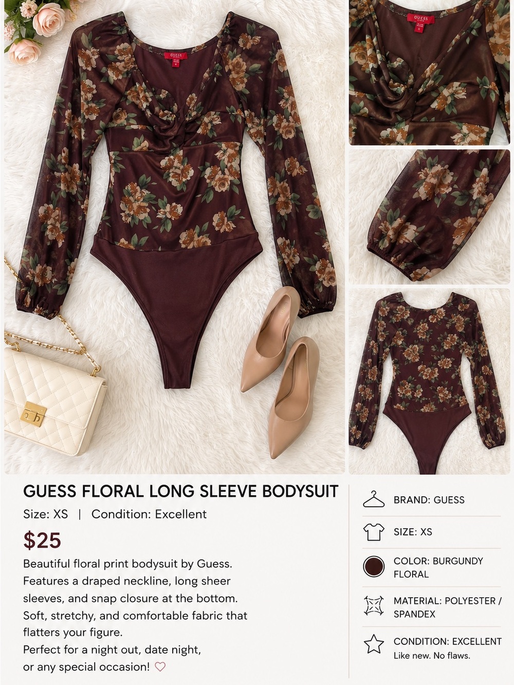 Guess Burgundy Floral Long-Sleeve Bodysuit